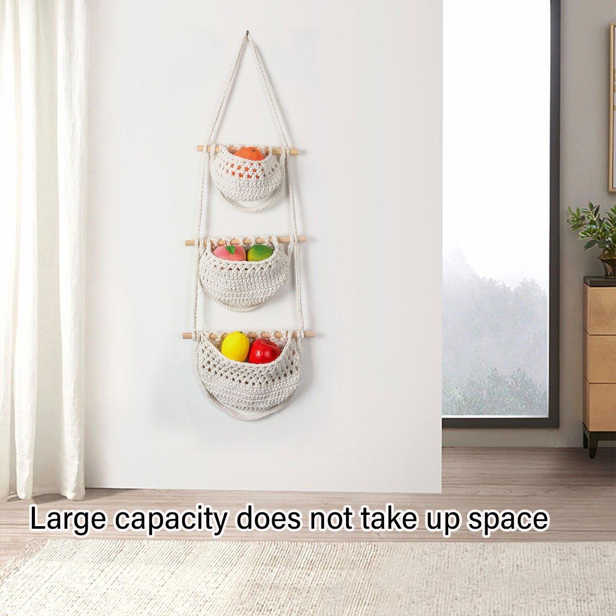 Cotton Rope Wall Hanging Basket - Three Layer Organizer - Brown