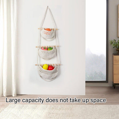 Cotton Rope Wall Hanging Basket - Three Layer Organizer - Brown