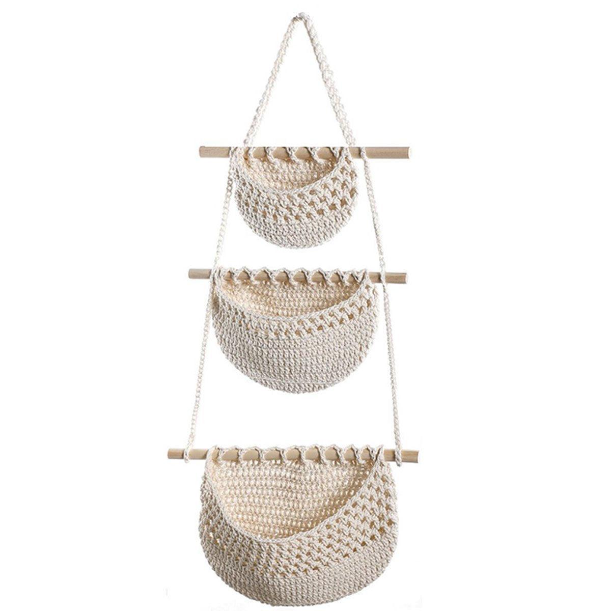 Cotton Rope Wall Hanging Basket - Three Layer Organizer - Brown