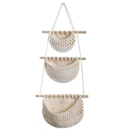 Cotton Rope Wall Hanging Basket - Three Layer Organizer - Brown