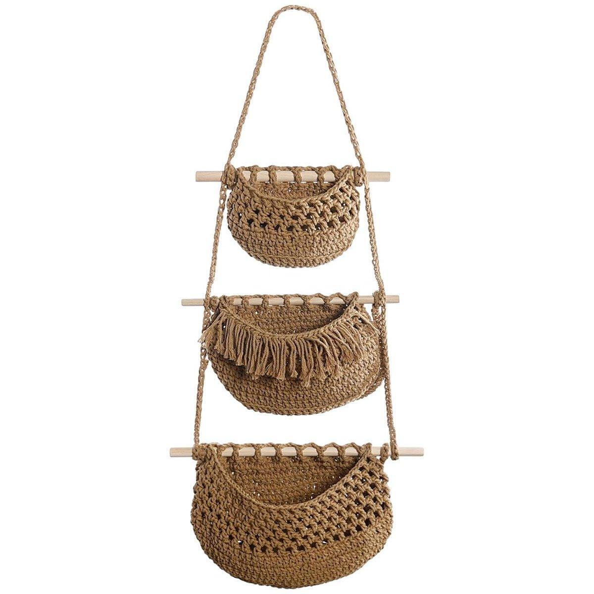 Cotton Rope Wall Hanging Basket - Three Layer Organizer - Brown