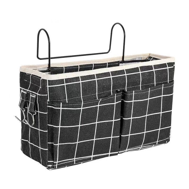 Premium Hanging Canvas Bedside Storage Caddy - Black Grid, 30 x 26 x 11cm