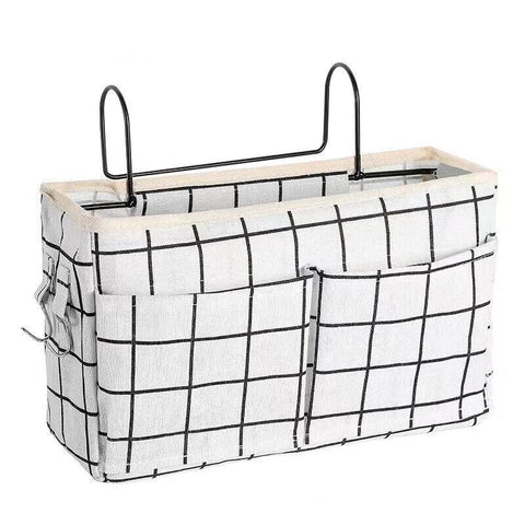 Premium Hanging Canvas Bedside Storage Caddy - White Grid, 30 x 26 x 11cm