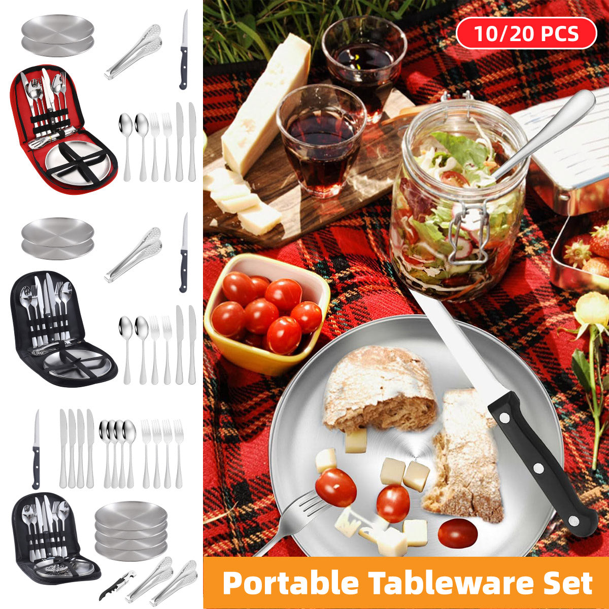 10/20PCS Camping Cutlery Set Outdoor Picnic Utensils Plates Spoons Forks Knives - Red-2 People - SuperSaverAU - view 1
