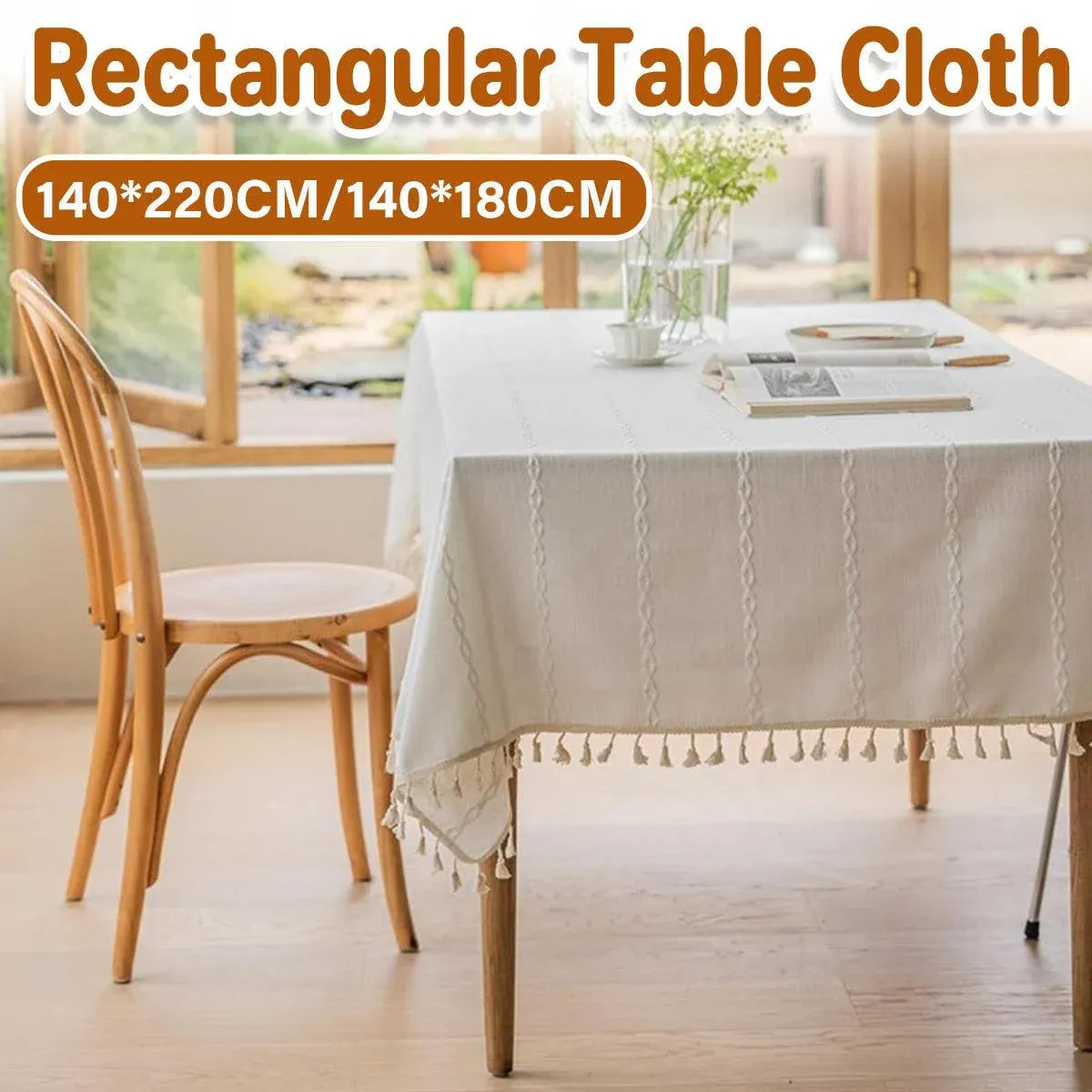 Elegant Rectangular Tablecloth with Tassels, 140x220cm, Cotton Blend, Multi-Purpose