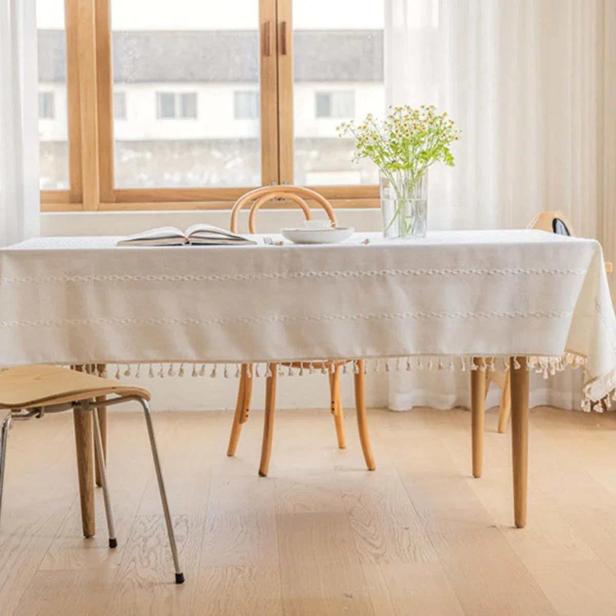 Elegant Rectangular Tablecloth with Tassels, 140x220cm, Cotton Blend, Multi-Purpose