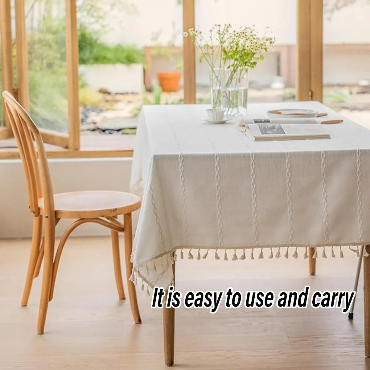 Elegant Rectangular Tablecloth with Tassels, 140x220cm, Cotton Blend, Multi-Purpose
