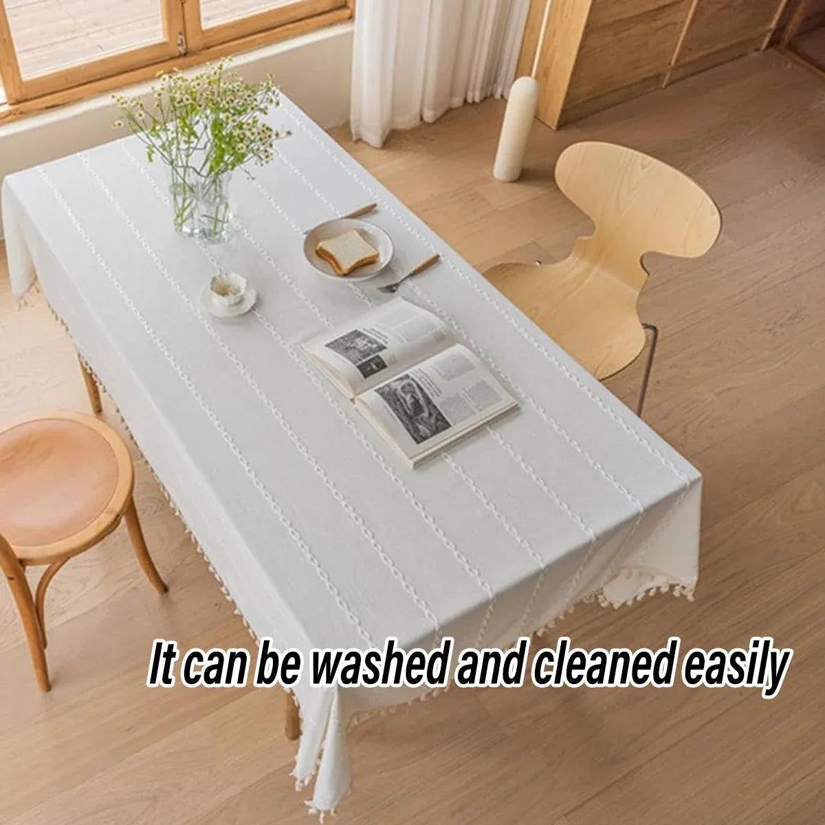 Elegant Rectangular Tablecloth with Tassels, 140x220cm, Cotton Blend, Multi-Purpose