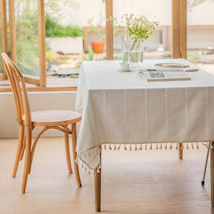 Elegant Rectangular Tablecloth with Tassels, 140x220cm, Cotton Blend, Multi-Purpose