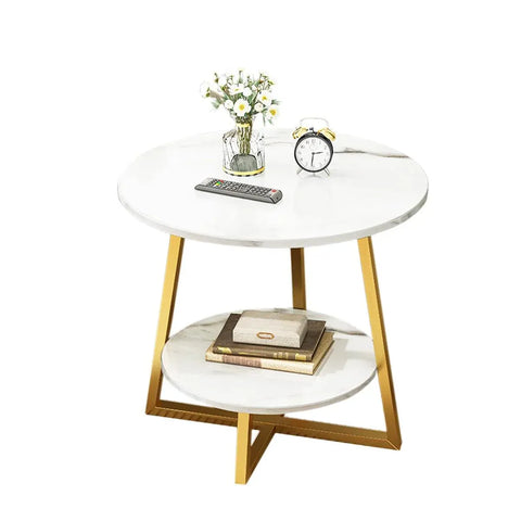 Premium White 2 Tier Marble Look Round Side Table 40x55cm Nightstand