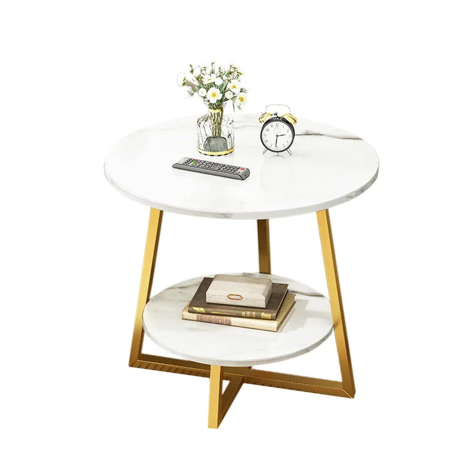 Premium White 2 Tier Marble Look Round Side Table 40x55cm Nightstand
