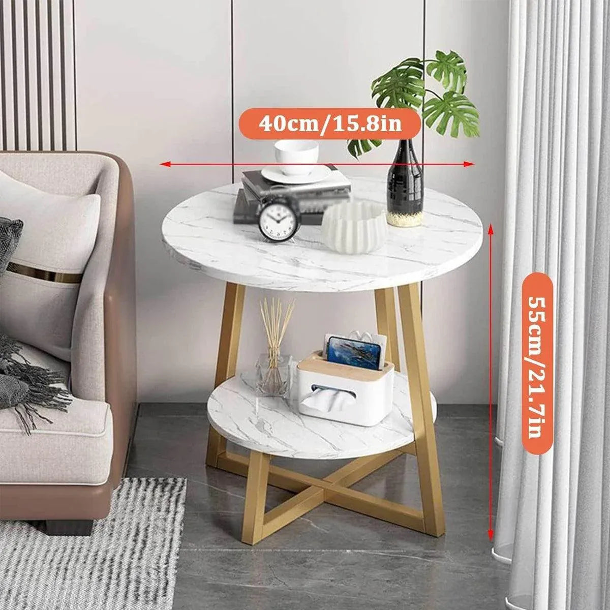 Premium White 2 Tier Marble Look Round Side Table 40x55cm Nightstand
