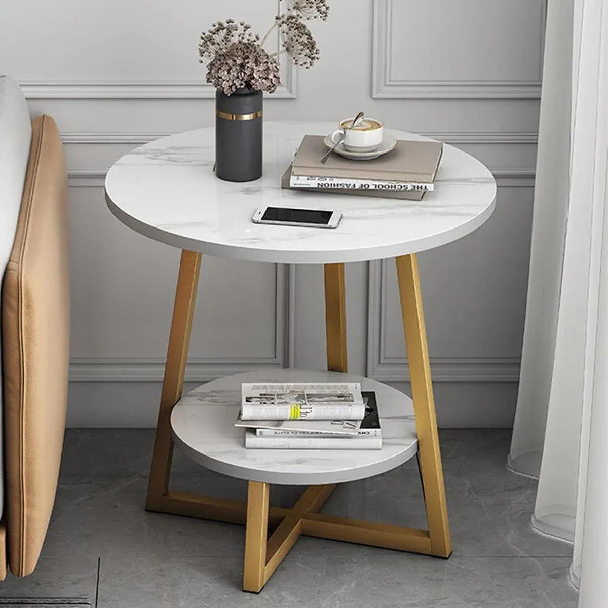 Premium White 2 Tier Marble Look Round Side Table 40x55cm Nightstand