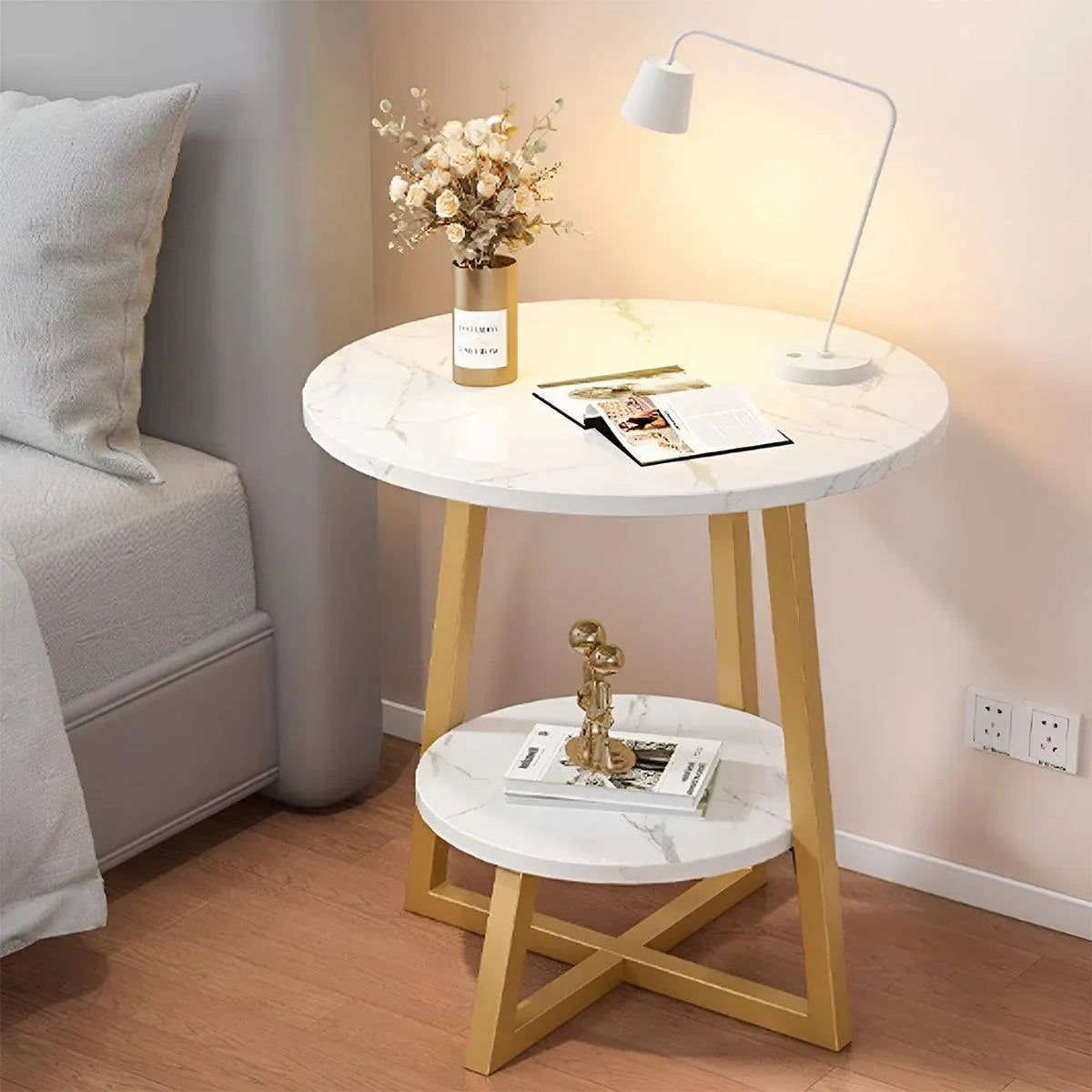 Premium White 2 Tier Marble Look Round Side Table 40x55cm Nightstand