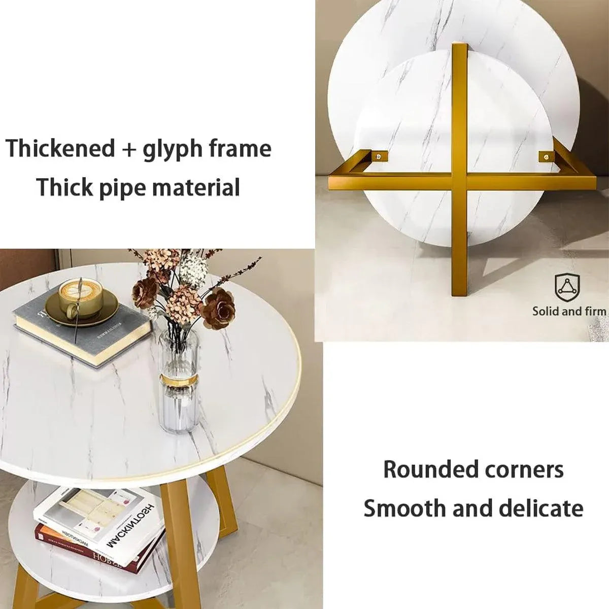 Premium White 2 Tier Marble Look Round Side Table 40x55cm Nightstand