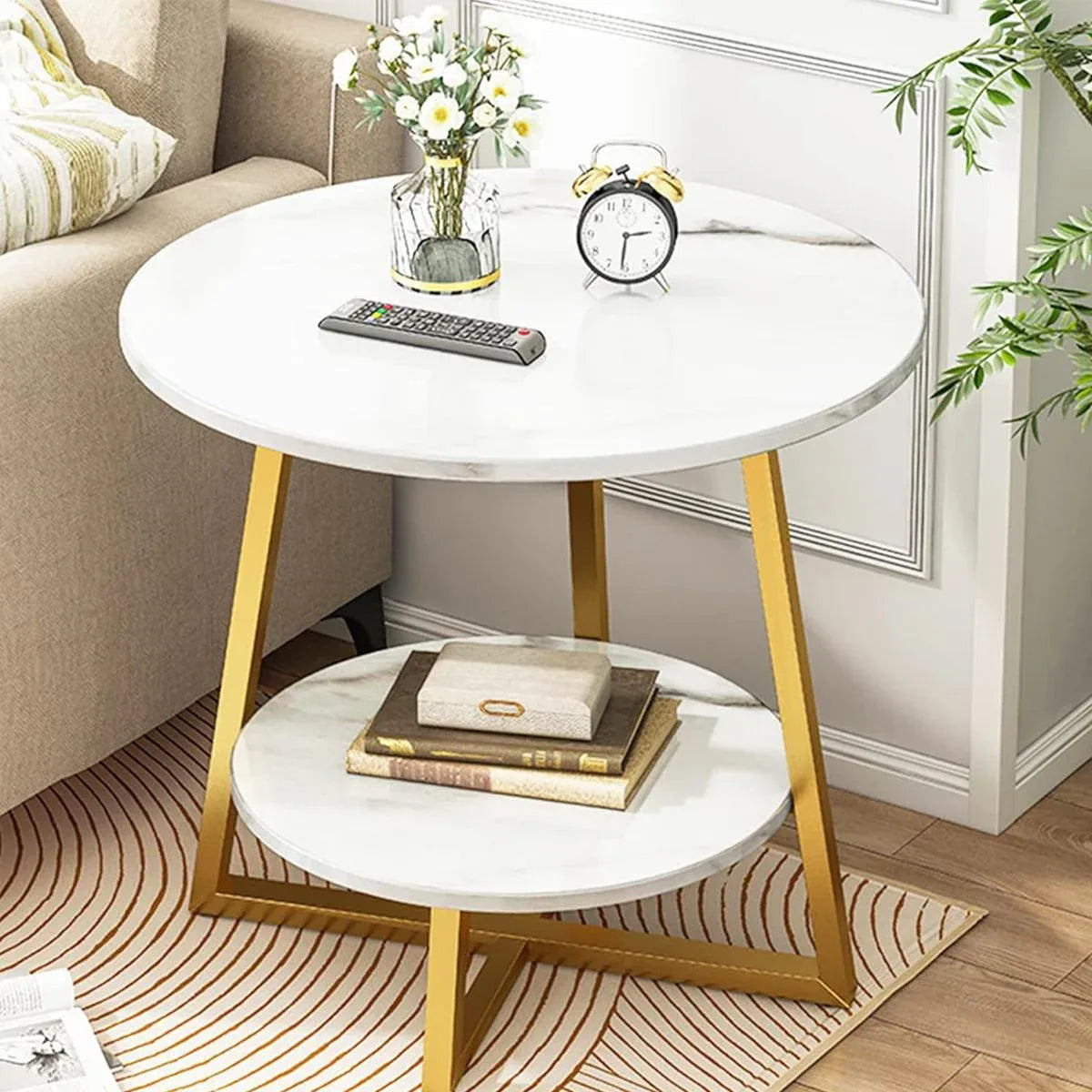 Premium White 2 Tier Marble Look Round Side Table 40x55cm Nightstand