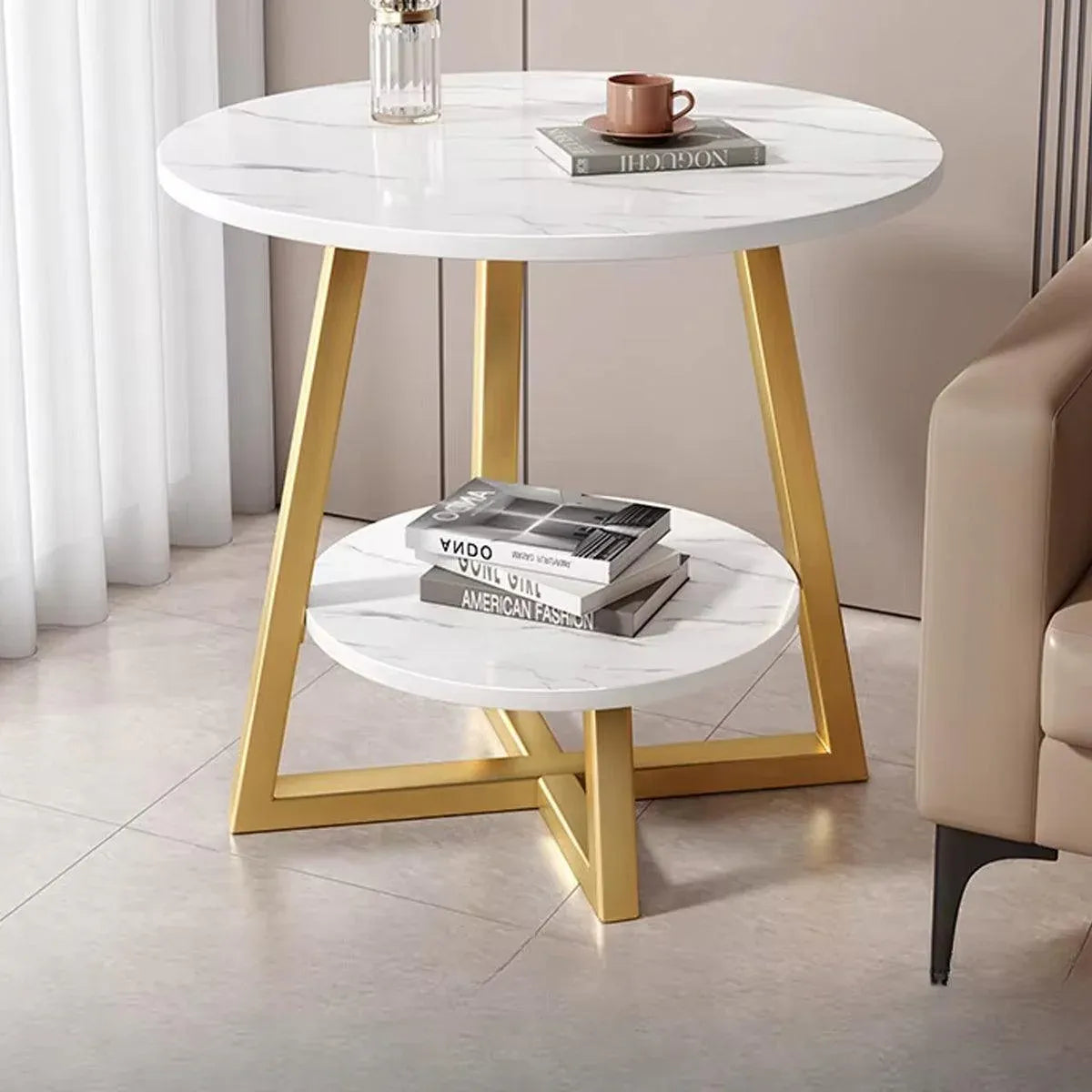 Premium White 2 Tier Marble Look Round Side Table 40x55cm Nightstand