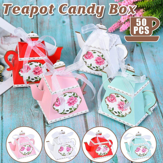 50x Teapot Candy Boxes Wedding Favor & Tea Party Gift Packaging with Floral Designs - Blue