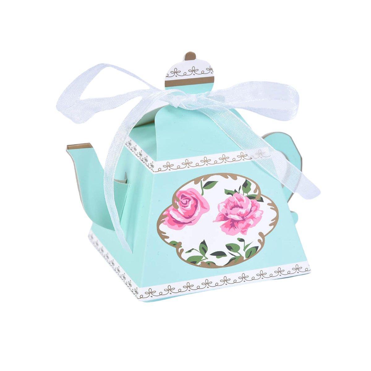 50x Teapot Candy Boxes Wedding Favor & Tea Party Gift Packaging with Floral Designs - Blue