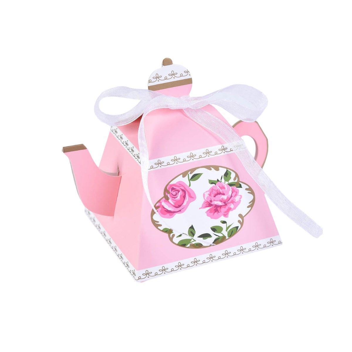50x Teapot Candy Boxes Wedding Favor & Tea Party Gift Packaging with Floral Designs - Blue