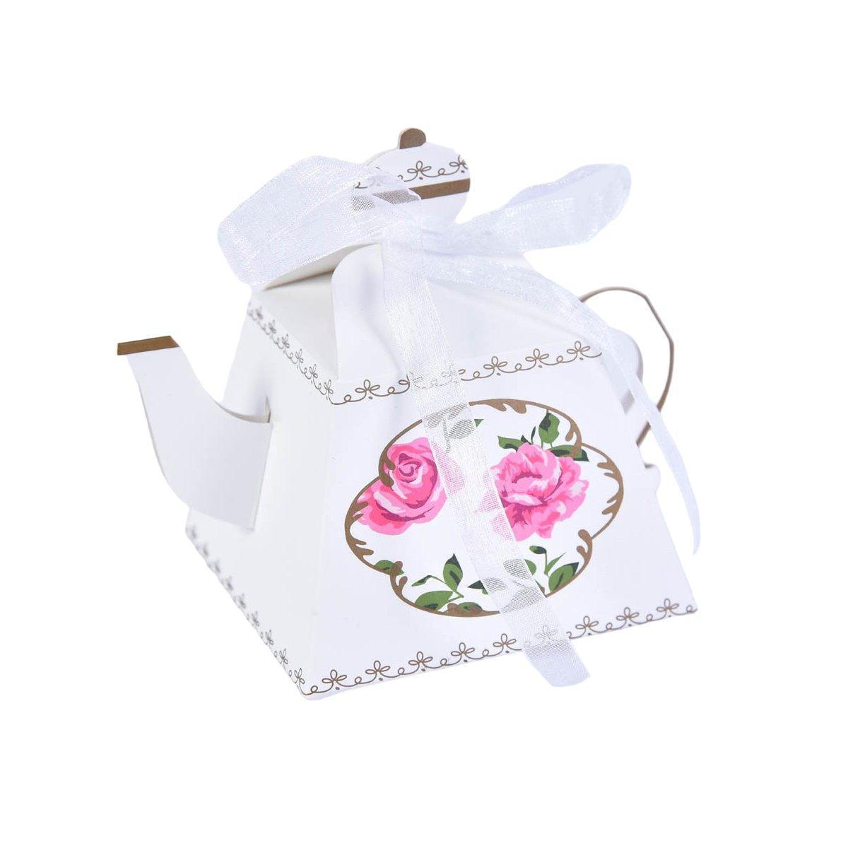 50x Teapot Candy Boxes Wedding Favor & Tea Party Gift Packaging with Floral Designs - Blue