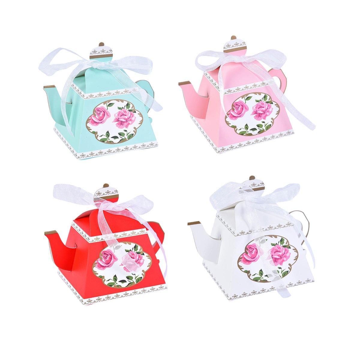 Teapot Candy Boxes Wedding Favors with Floral Designs - 50 Pcs White