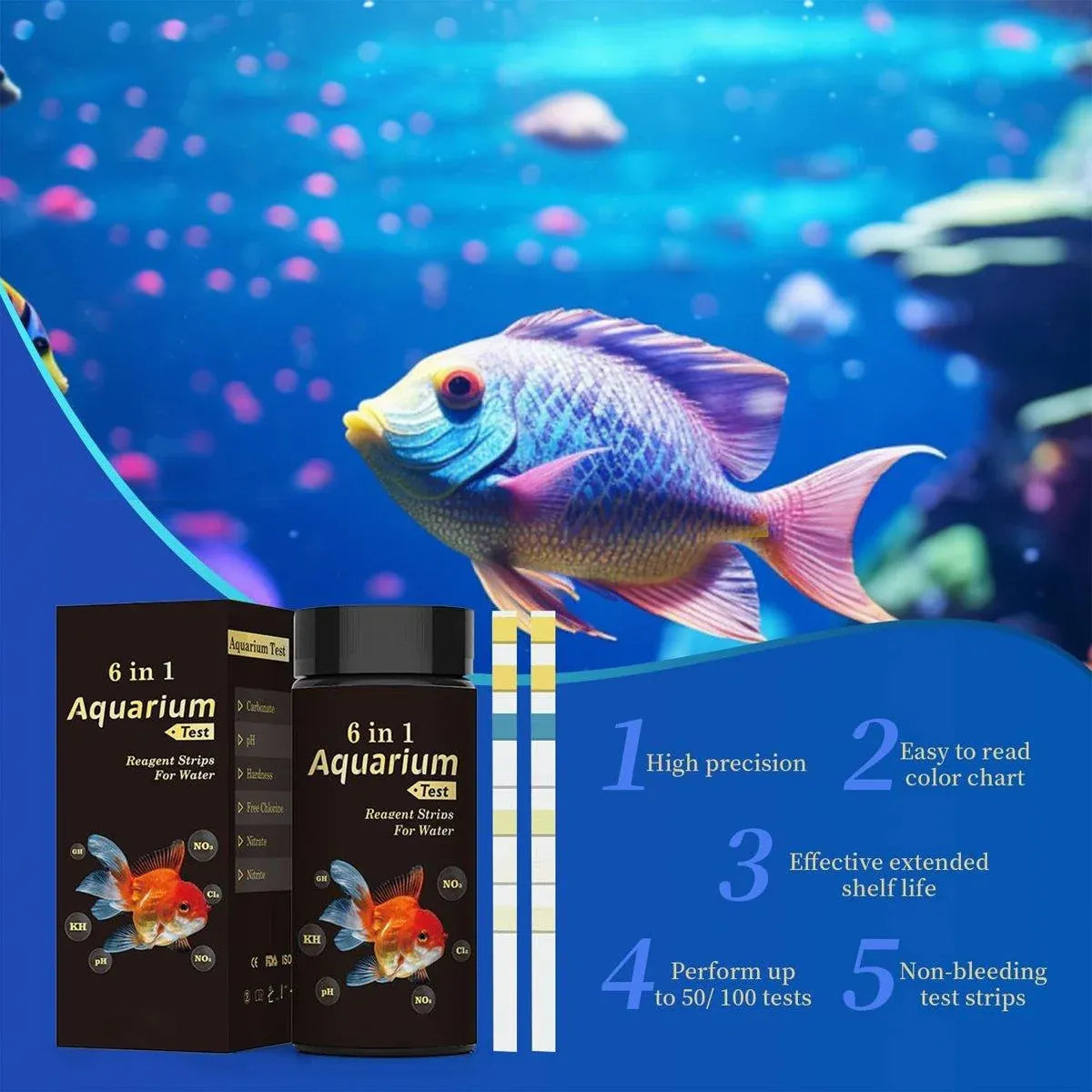 Premium 6-in-1 Aquarium & Pool Water Quality Test Strips - 50pcs