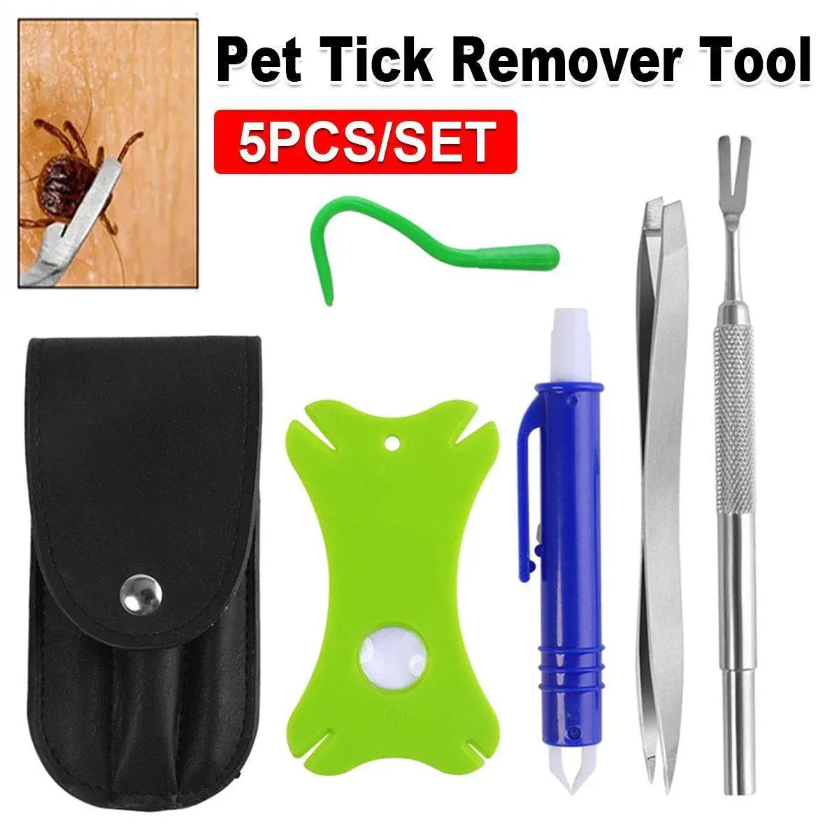 Premium 5 Piece Pet Flea & Tick Removal Tool Set with Carry Pouch
