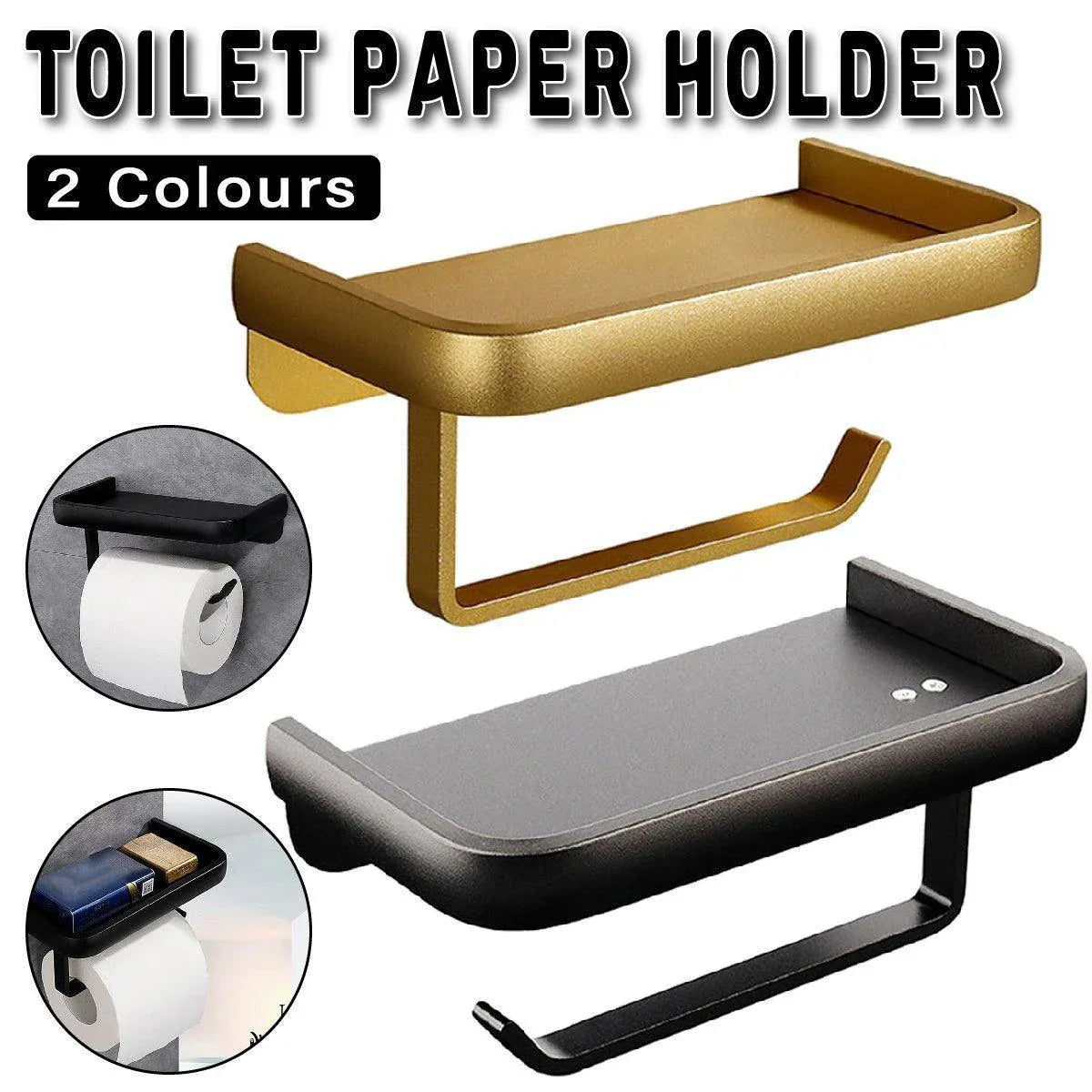 Premium Wall Mounted Toilet Paper Holder – Black Aluminium with Shelf