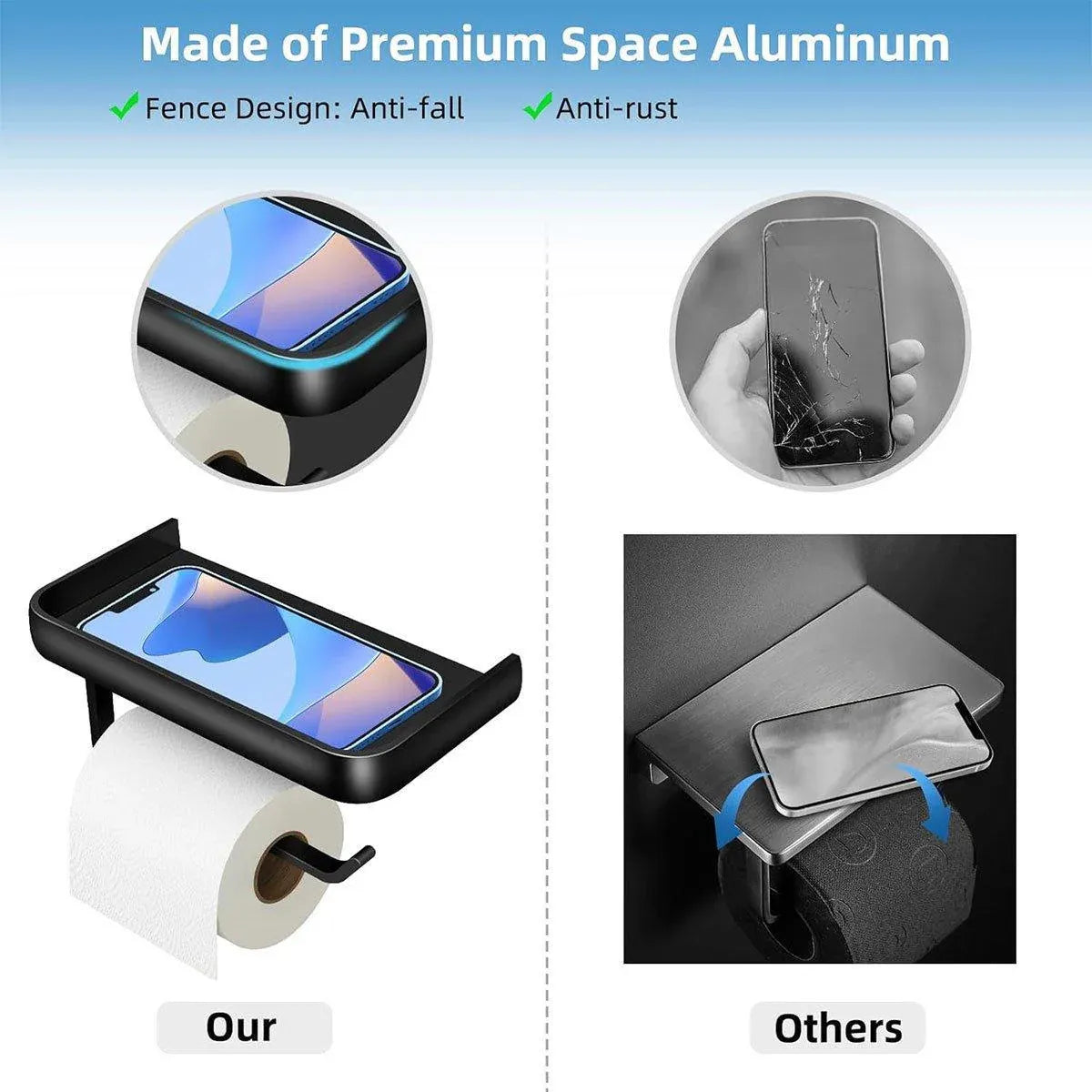 Premium Wall Mounted Toilet Paper Holder – Black Aluminium with Shelf