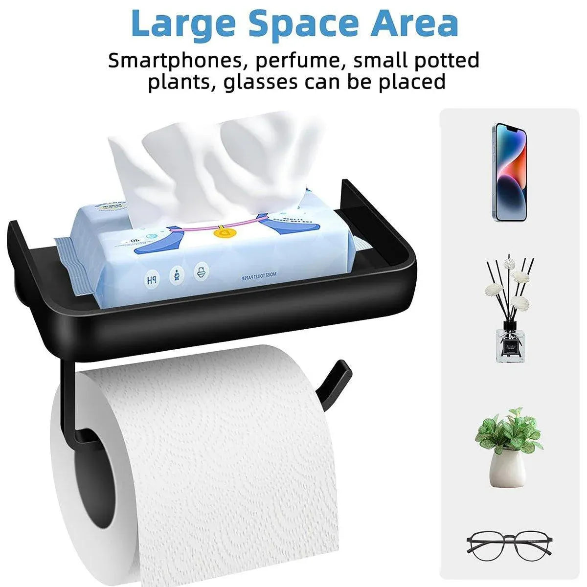 Premium Wall Mounted Toilet Paper Holder – Black Aluminium with Shelf
