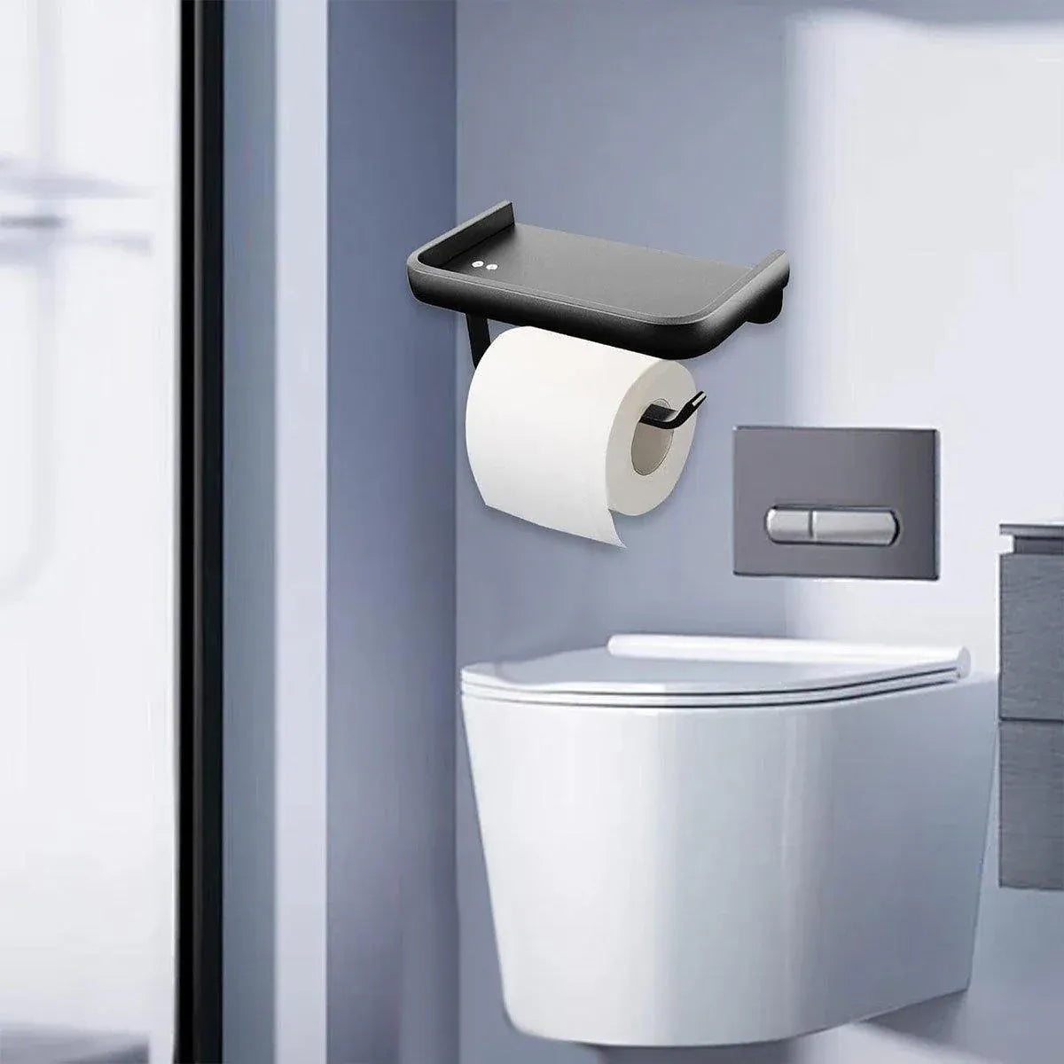 Premium Wall Mounted Toilet Paper Holder – Black Aluminium with Shelf