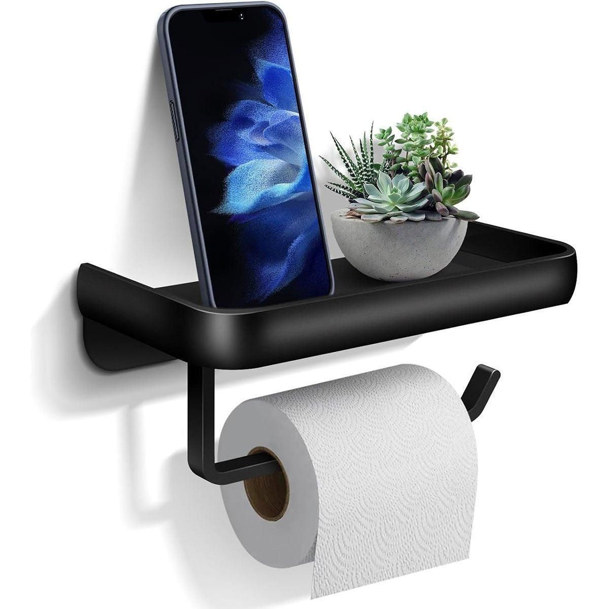 Premium Wall Mounted Toilet Paper Holder – Black Aluminium with Shelf