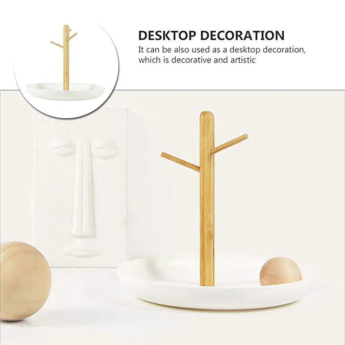 Premium Branch Tray Desktop Storage Rack – White with Bamboo Holder