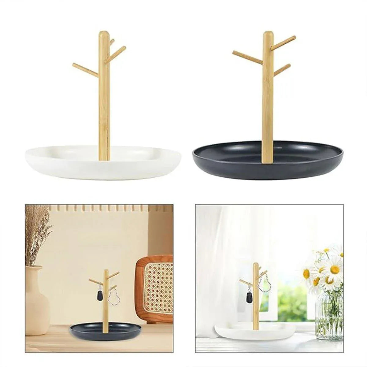 Premium Branch Tray Desktop Storage Rack – White with Bamboo Holder