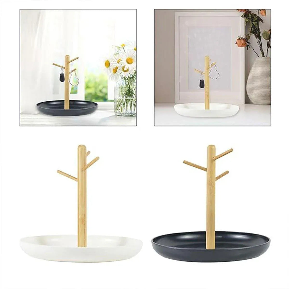 Premium Branch Tray Desktop Storage Rack – White with Bamboo Holder