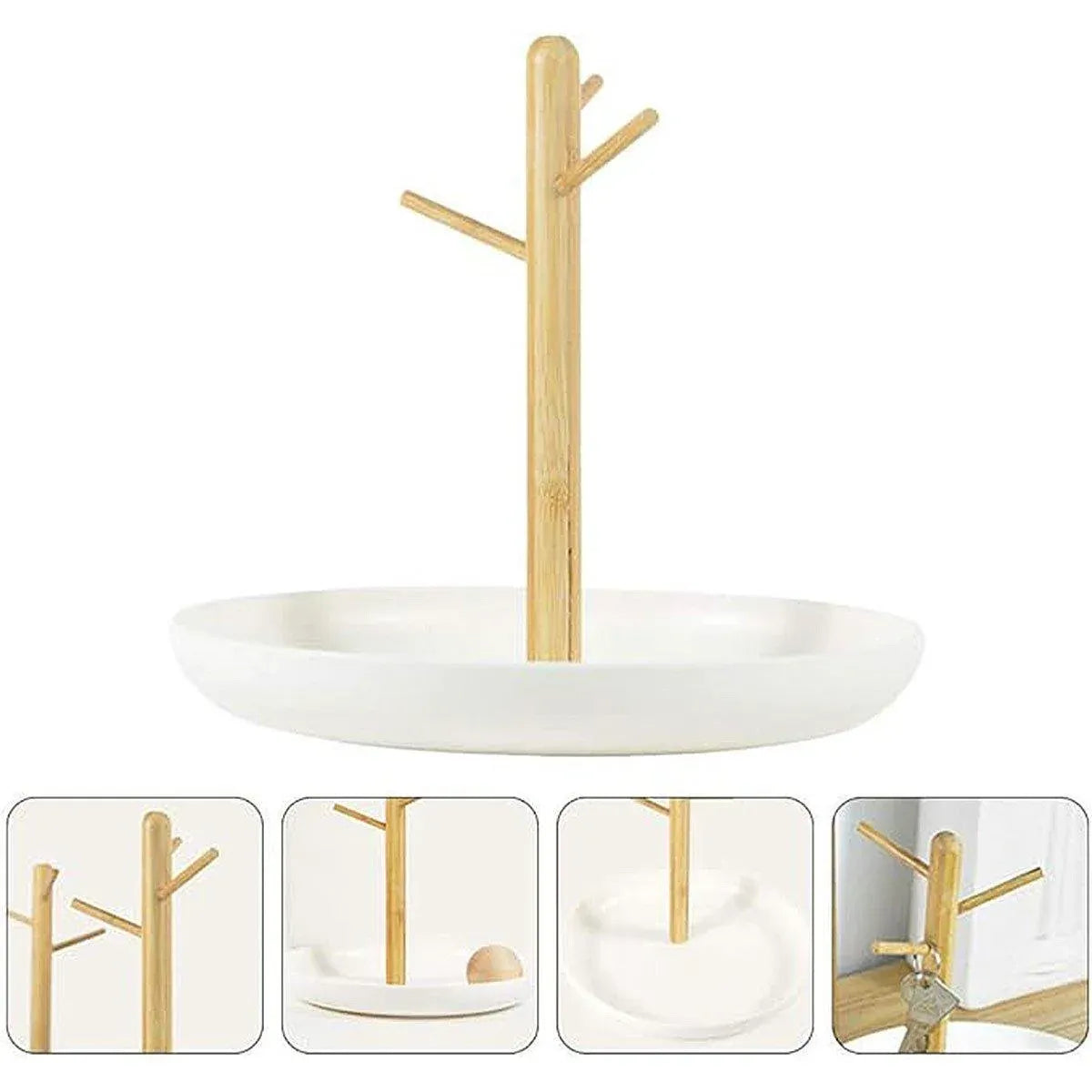 Premium Branch Tray Desktop Storage Rack – White with Bamboo Holder