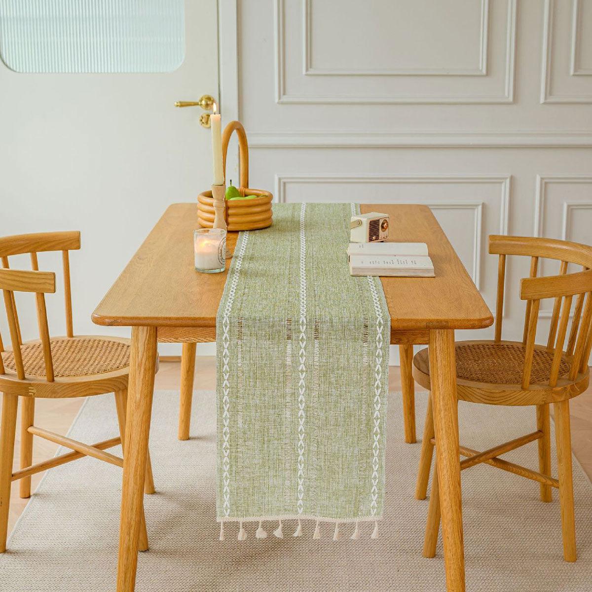 Solid Colour Woven Hollow Fringe Table Runner Home Dining Tablecloth Decoration - 33x183cm-Green - SuperSaverAU - view 5