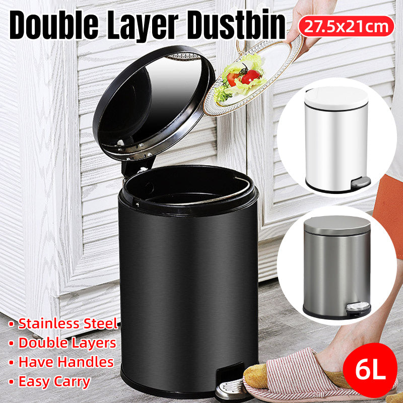 Stainless Steel 6L Double-Layer Trash Can with Foot Pedal - Black
