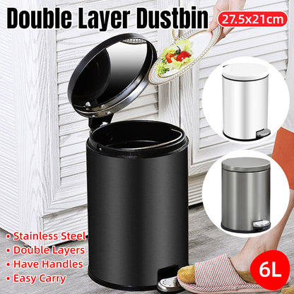 Stainless Steel 6L Double-Layer Trash Can with Foot Pedal - Black
