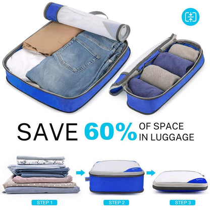 6pcs Mesh Visible Travel Storage Set - Waterproof Nylon Compressible Bags - Blue
