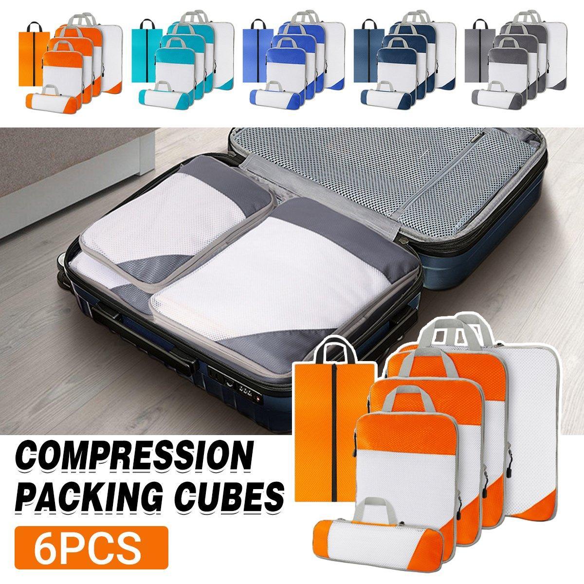 6pcs Mesh Travel Storage Set - Waterproof Nylon Compressible Bags - Grey