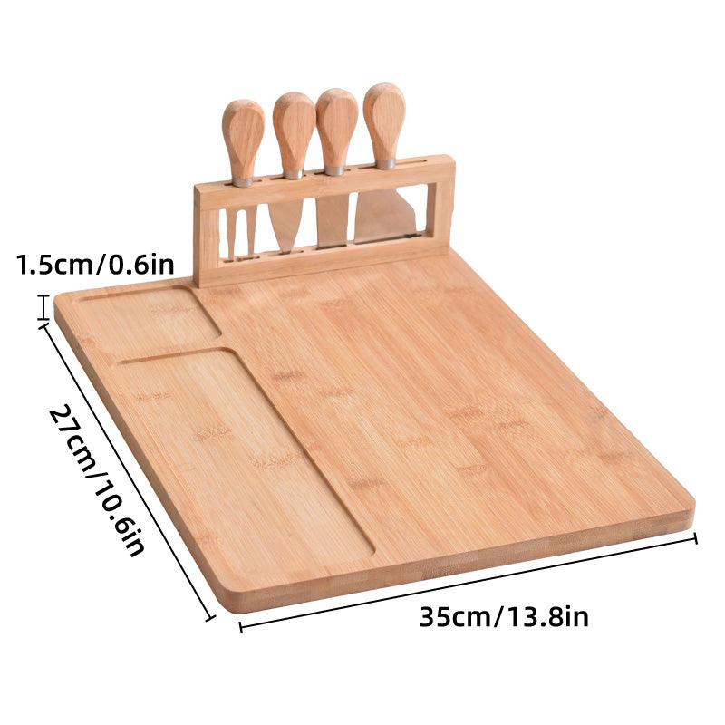 Bamboo Cheese Board Set 35cm with 4 Stainless Steel Knives for Charcuterie