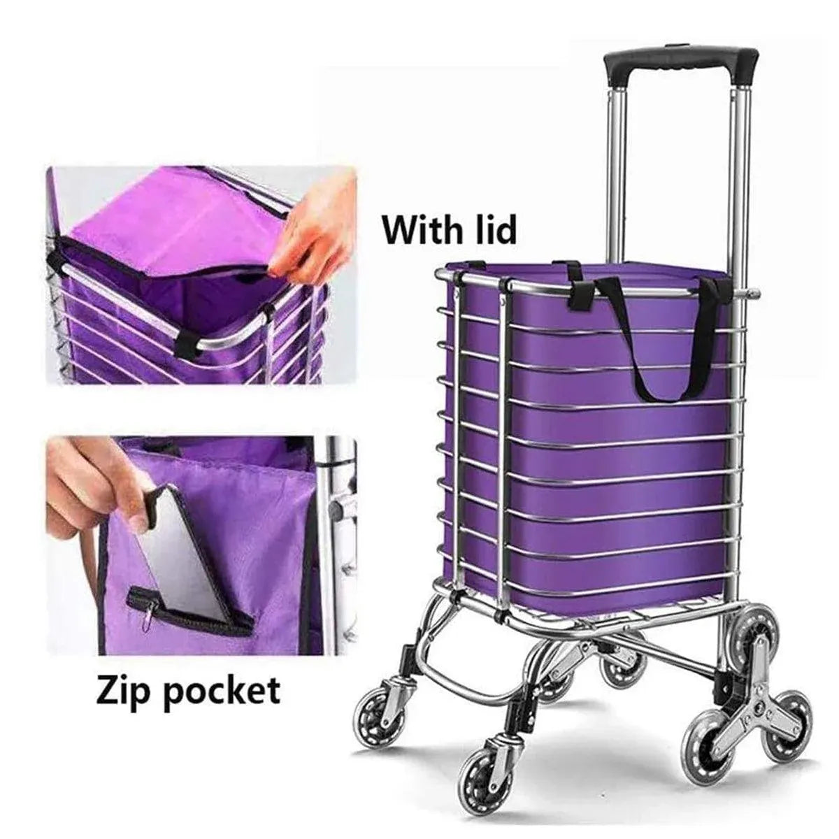 Premium Folding Shopping Trolley – Purple 8 Wheels