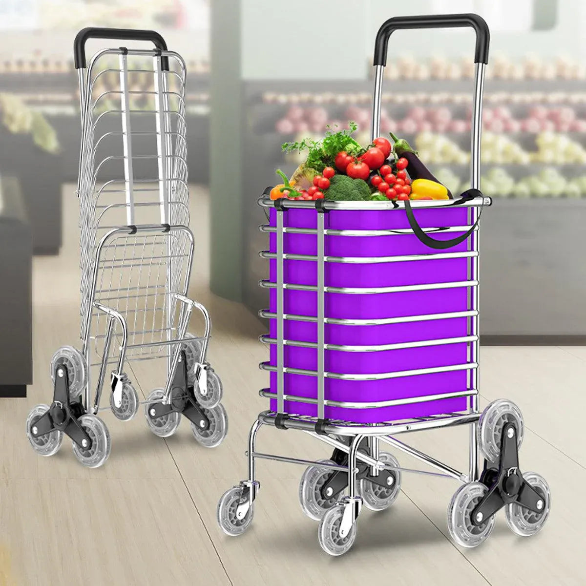 Premium Folding Shopping Trolley – Purple 8 Wheels
