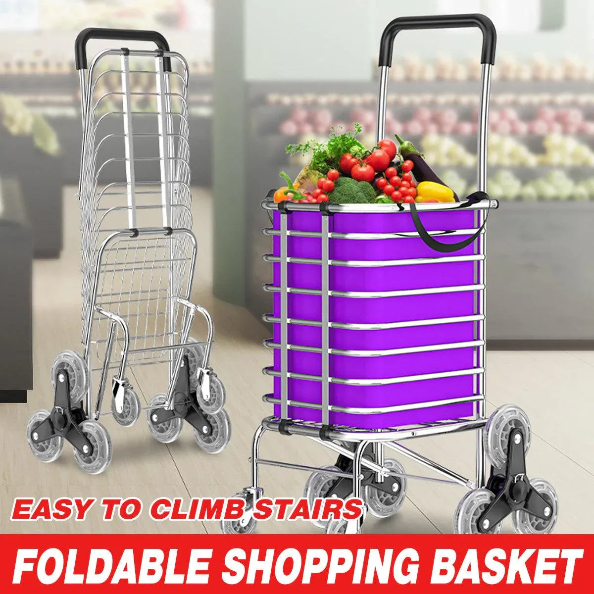 Premium Folding Shopping Trolley – Purple 8 Wheels