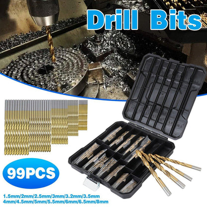 99-Piece HSS Titanium Drill Bit Set - 1.5-8mm for Wood and Metal
