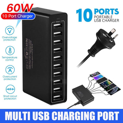 60W 10-Port USB Charger - Multi-Port AC Adapter for Travel