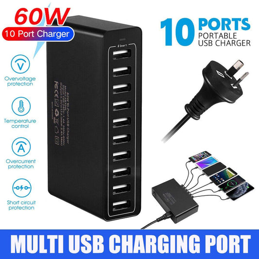 60W 10-Port USB Charger - Multi-Port AC Adapter for Travel
