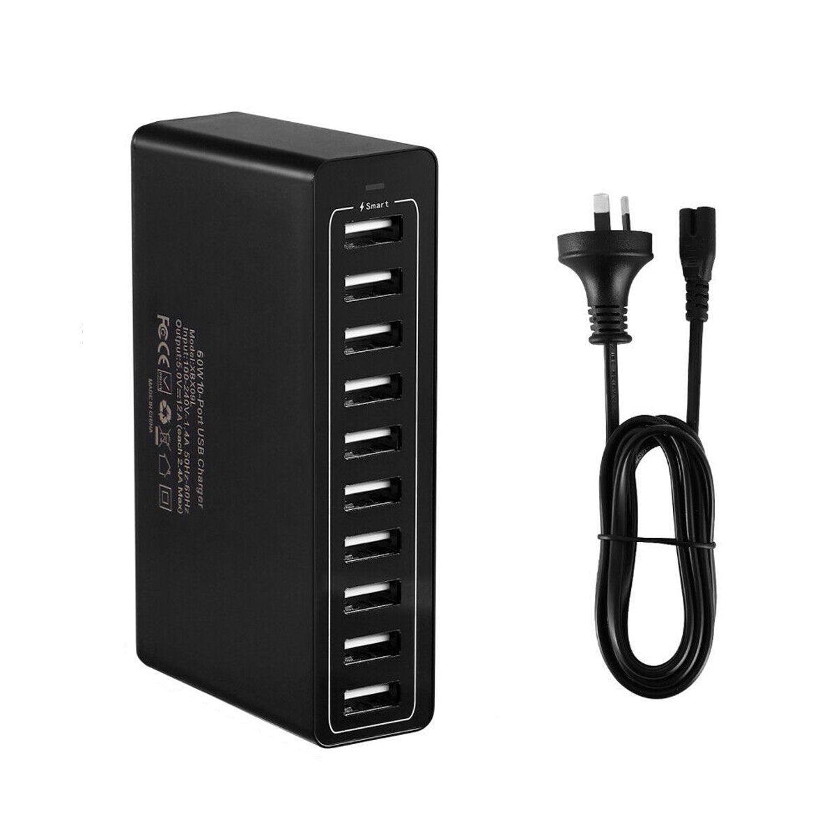 60W 10-Port USB Charger - Multi-Port AC Adapter for Travel